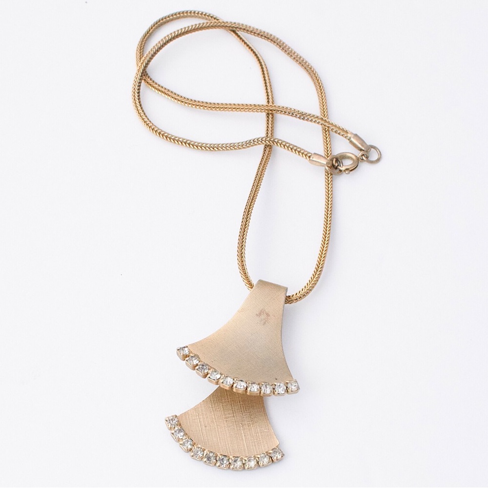 Vintage Hobé Pendant Necklace Gold Tone Double Fan Shape with Rhinestone Rare